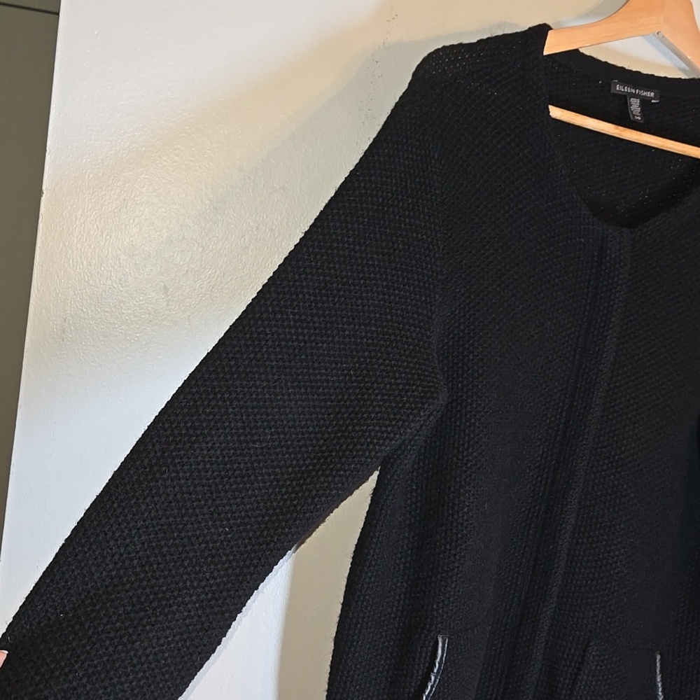 Eileen Fisher Black Yak Wool Leather Trim Textured Jacket Sweater Cardigan NWOT - Picture 7 of 16